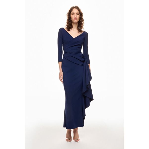 Blue (72% Polyamide, 28% Elastane). Gowns. V-Neck. Long Sleeve. Pull on. Shoulder to hemline length: 58". Imported. Fitted V-neck Maxi Dress For Gala, Chic Formal V-neck Gown, Evening V-neck Maxi Dress With Fitted Bodice, Evening Maxi Dress With V-neck And Fitted Bodice, Evening Maxi Dress With Fitted Bodice And V-neck, Elegant V-neck Evening Dress For Gala, Formal V-neck Gown With Fitted Bodice, Elegant V-neck Gown With Fitted Bodice, Formal Gown With Fitted Bodice And V-neck