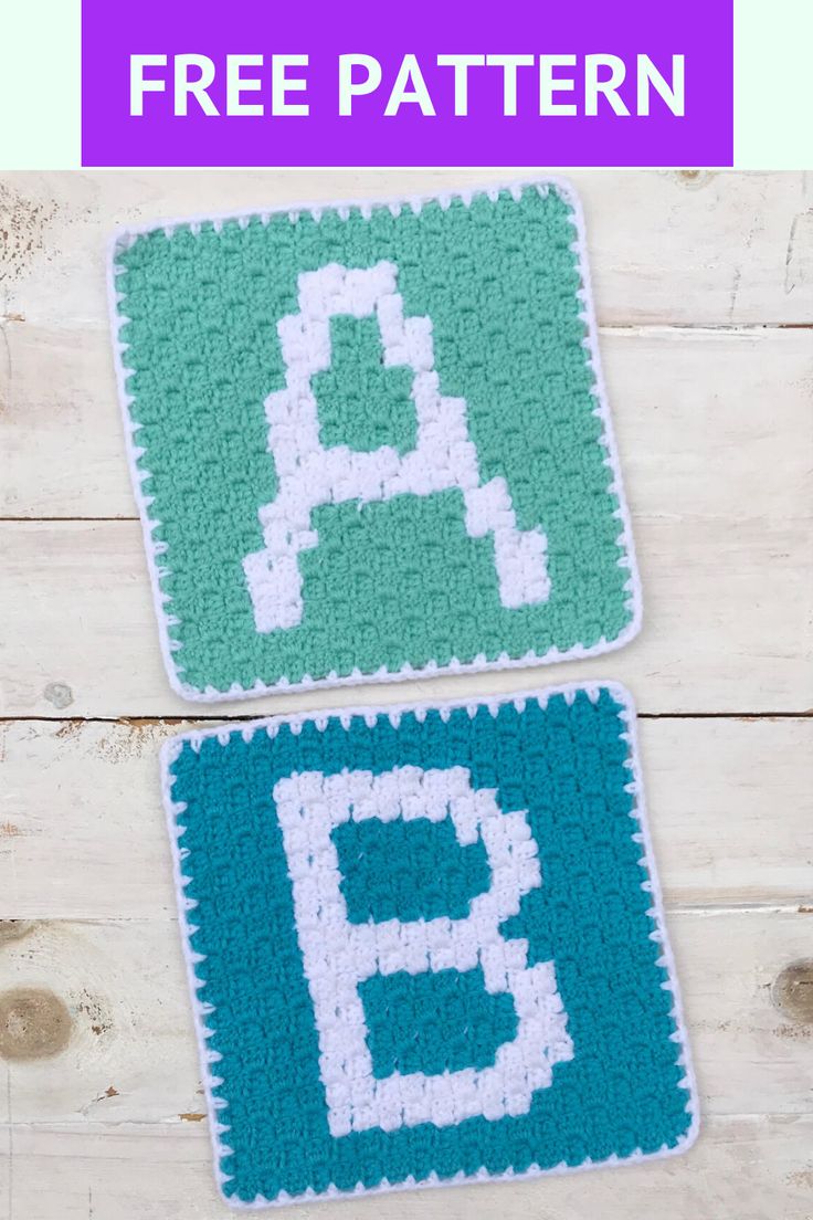 two crocheted coasters with the letter b and c in white, green and blue