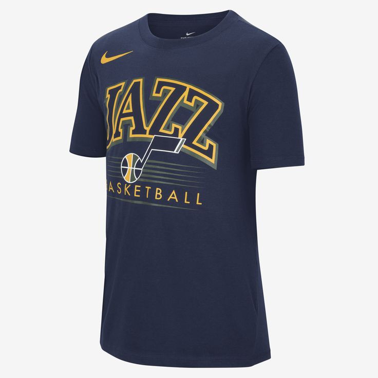 Root for your team in this Utah Jazz tee. Made with soft, lightweight fabric, it features a team crest on the front. Basketball Fan Apparel T-shirt With Logo Print, Nike Cotton T-shirt For Basketball, Nike Casual Basketball T-shirt, Casual Nike T-shirt For Basketball, Collegiate Basketball T-shirt With Team Logo, Nike Basketball T-shirt With Team Logo, Nike T-shirt With Team Logo For Fans, Nike Jersey T-shirt For Sports Events, Nike Graphic Print Basketball Tops