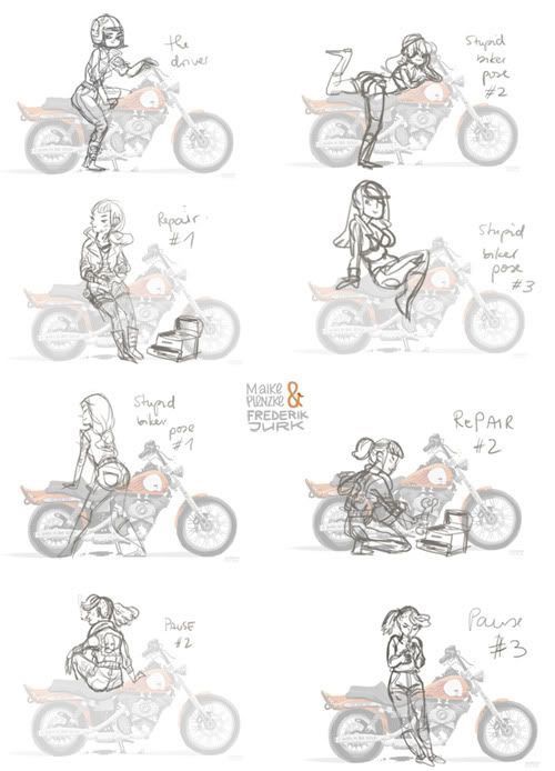 the motorcycle rider's poses are drawn in pencil and ink, with different angles