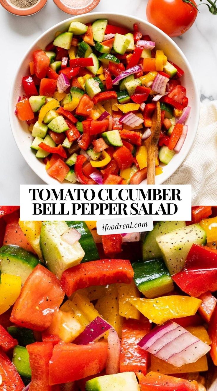 tomato cucumber bell pepper salad in a white bowl