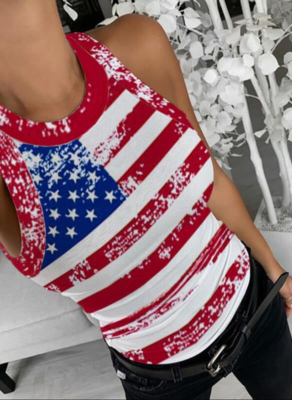 American flag printed silky feel stretch knit fitted tank top. Lightweight silky top has some stretch and is more fitted. Wear with any type of bottom. Wear under jacket or cardigan for a festive look to the office. Use chart size below for a perfect fit Size chart Size Bust (inch) Length (inch) S 35 21 ¾ M 37 22 L 39 22 ½ XL 42 22 ¾ * Our size chart provides detailed measurement of our clothes. Sleeveless Graphic Print Top For 4th Of July, Sleeveless Cotton Top With Flag Print, Sleeveless Summer Top With Flag Print, Sleeveless Flag Print Summer Top, Patriotic Sleeveless Tops For Spring, Red Sleeveless Tank Top With Flag Print, 4th Of July Sleeveless Tank Top With Flag Print, Sleeveless Tops With American Flag Print For Spring, 4th Of July Sleeveless Flag Print Tank Top