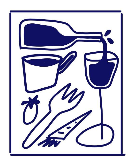 a blue and white drawing of wine being poured into a glass with utensils