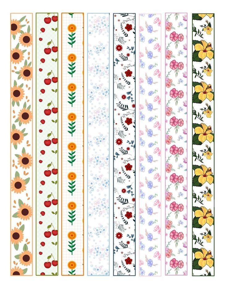 four different patterns of flowers and leaves on white paper with orange, pink, blue, yellow