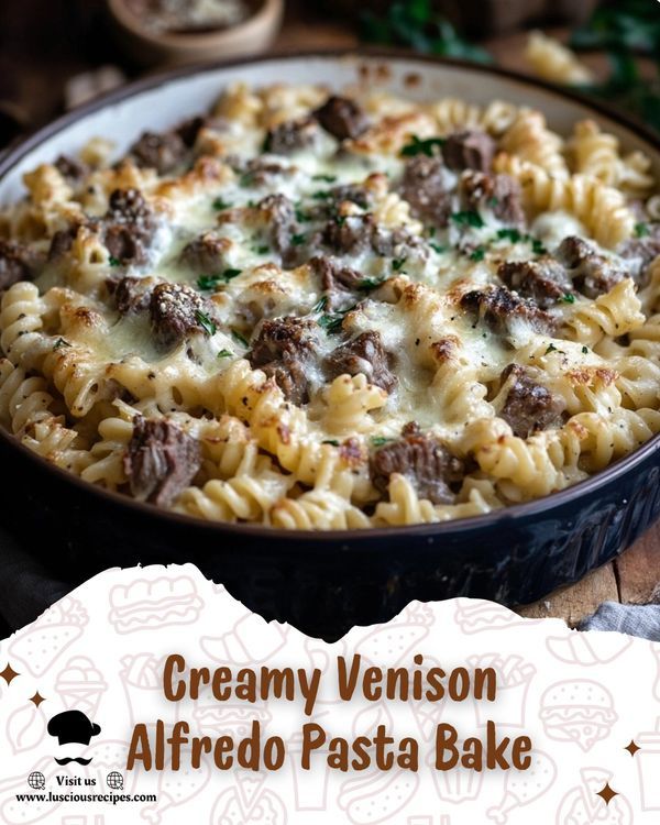 a close up of a pizza in a pan on a table with text that reads creamy venison alfredo pasta bake