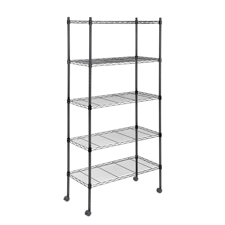 three tiered shelving unit with wheels on each side and four shelves in the middle