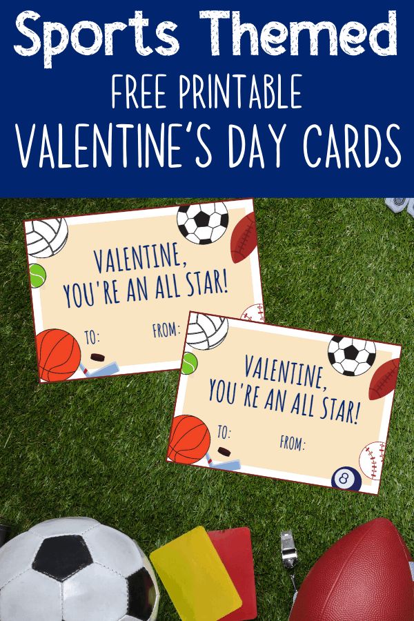 two sports themed valentine's day cards on the grass with balls and soccers