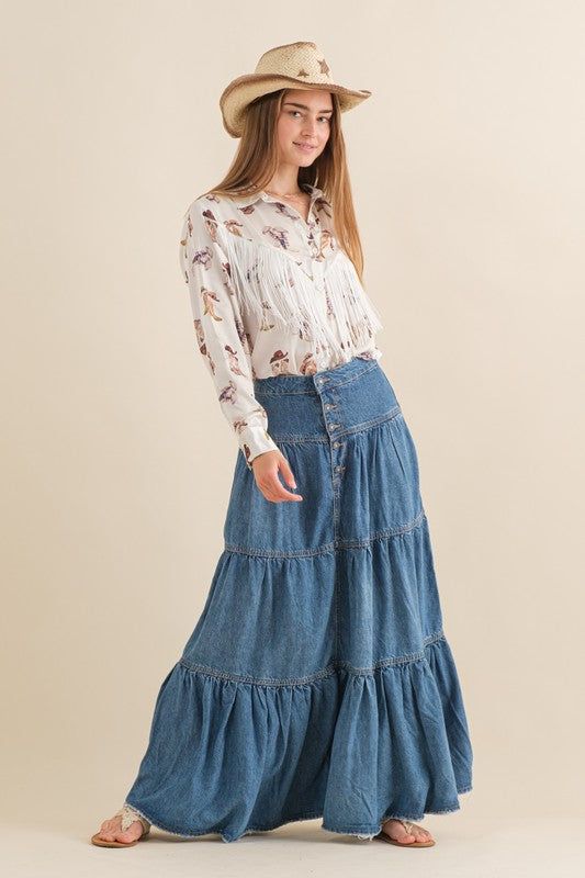 Frayed denim maxi skirt/shambray/cotton Full-length Denim Blue Maxi Skirt, Medium Wash Long Skirt For Fall, Fall Medium Wash Long Skirt, Fall Long Skirt In Medium Wash, Spring Denim Blue Skirt With Buttons, Fall Denim Skirt With Buttons, Spring Cotton Button-up Bottoms, Casual Medium Wash Full Length Maxi Skirt, Casual Medium Wash Full-length Maxi Skirt