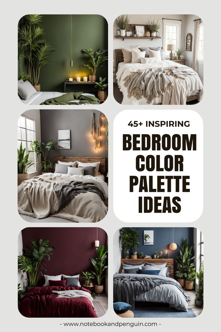 four different bedroom color palettes with text overlay