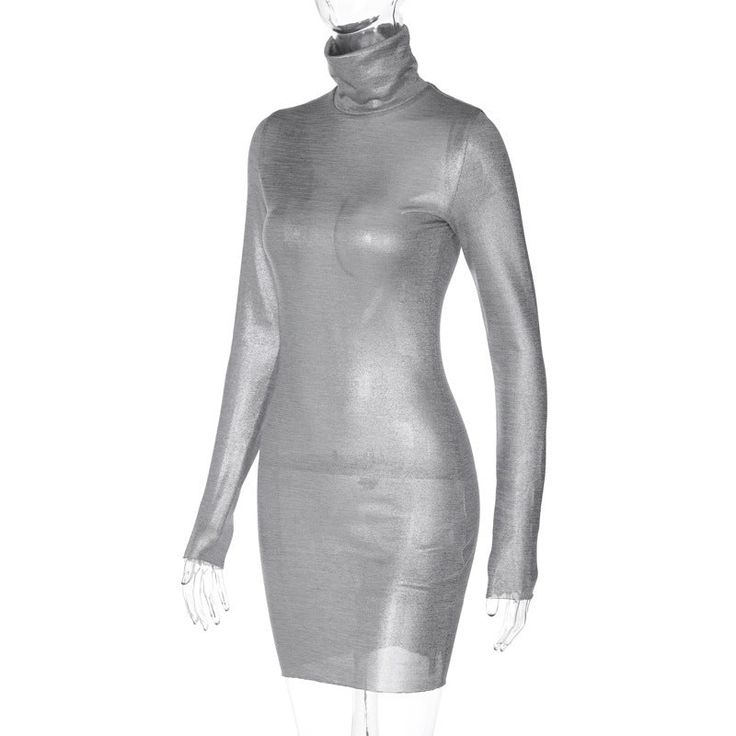 Features: Upgrade your wardrobe with our elegant Silver Turtleneck Long Sleeve Mini Dress. This dress is perfect for any occasion, whether it's a night out or a special event. The sparkly bodycon design will surely turn heads, while the classic turtleneck and long sleeves will keep you warm and stylish in the autumn and winter months. A must-have for any fashion-forward woman. Elegant Winter Bodycon Dress For Party, Elegant Stretch High Neck Mini Dress, Elegant Fitted Mini Dress For Winter, Elegant Winter Bodycon Dress For Date Night, Elegant Fitted Winter Mini Dress, Elegant Slim Fit Bodycon Dress For Fall, Elegant High Neck Bodycon Mini Dress, Elegant High-neck Bodycon Mini Dress, Elegant Fitted High Neck Bodycon Dress