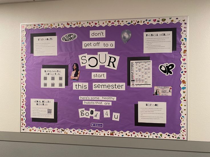 Bulletin board with purple background, white/multicolored border

“don’t get off to a SOUR start this semester, here’s some healthy habits that are good 4 u” Olivia Rodrigo Campaign Poster, Music Themed Ra Bulletin Boards, Olivia Rodrigo Bulletin Board, Mama Mia Bulletin Board, Music Ra Bulletin Boards, Music Themed Bulletin Boards, Bulletin Board Design Classroom, Guidance Bulletin Boards, Bulletin Boards Ra