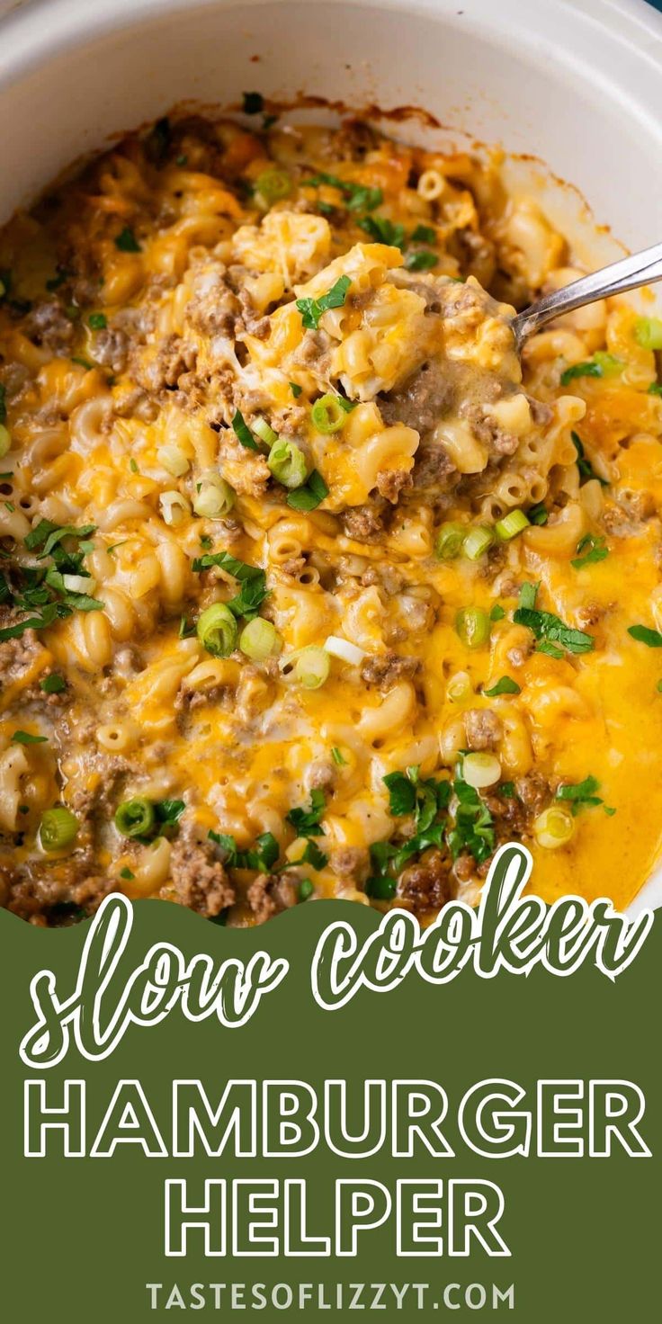 slow cooker hamburger helper recipe in a crock pot with text overlay