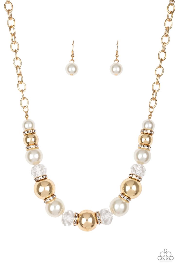 The Camera Never Lies - White Oversized gold, crystal-like, and pearly white beads are threaded along an invisible wire below the collar for a glamorous look. White rhinestone encrusted rings are sprinkled between the dramatic beads for a sparkling finish. Features an adjustable clasp closure. Sold as one individual necklace. In... Jewelry Photos, Chic Bracelet, Paparazzi Accessories, White Necklace, White Rhinestone, Paparazzi Jewelry, Blue Necklace, Favorite Pins, Rhinestone Necklace