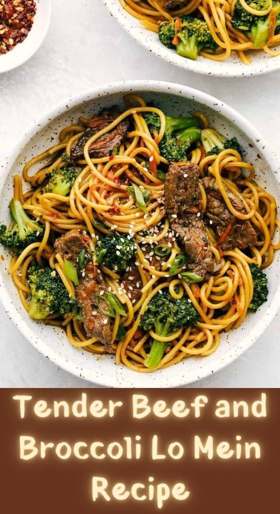 two bowls filled with beef and broccoli lo mein recipe next to another bowl full of noodles