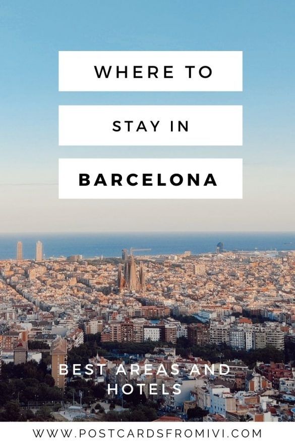 barcelona, spain with the words where to stay in barcelona on it's skyline