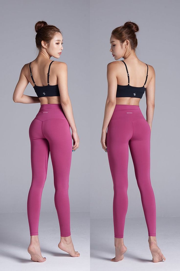 two images of a woman in pink leggings and black bra top, both showing the