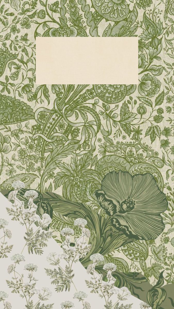 a green and white floral wallpaper with an empty piece of paper in the middle