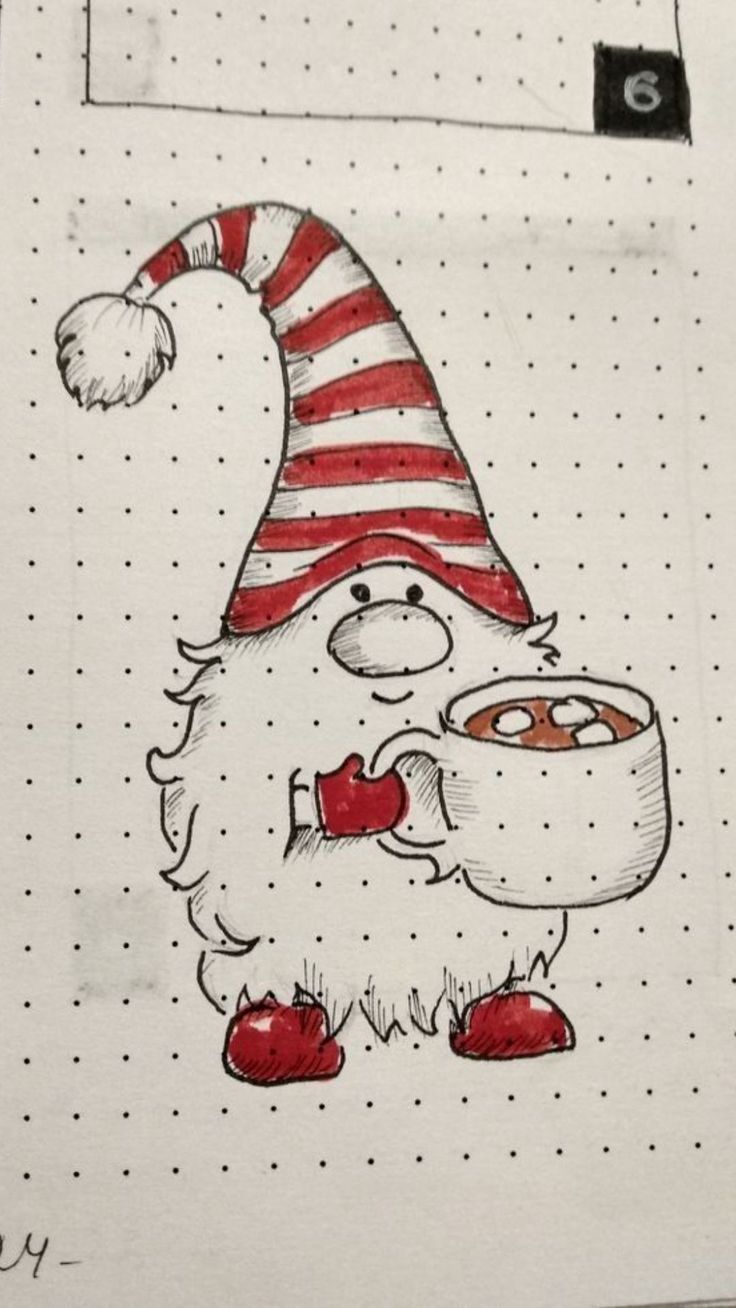 a drawing of a gnome holding a cup of coffee and wearing a red striped hat