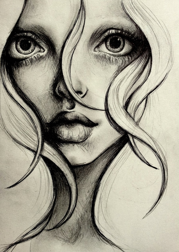 a pencil drawing of a woman's face with her hair blowing in the wind