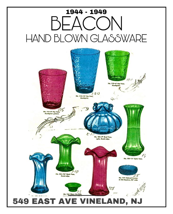 an advertisement for the beacon hand blown glassware company, featuring different colored vases