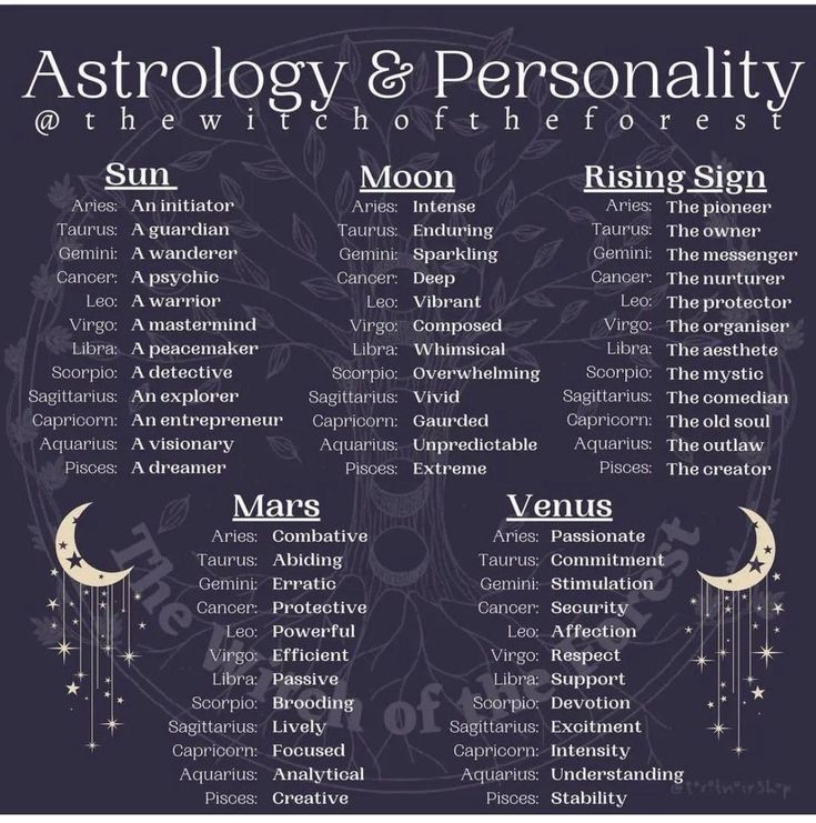 astrology and personality chart with the moon, stars, and crescents on it