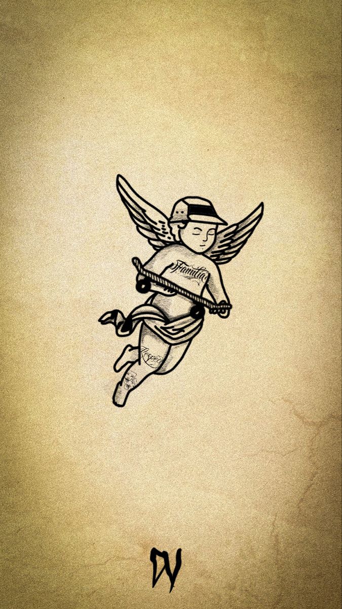 a drawing of an angel with a banner on it's chest and wings flying through the air