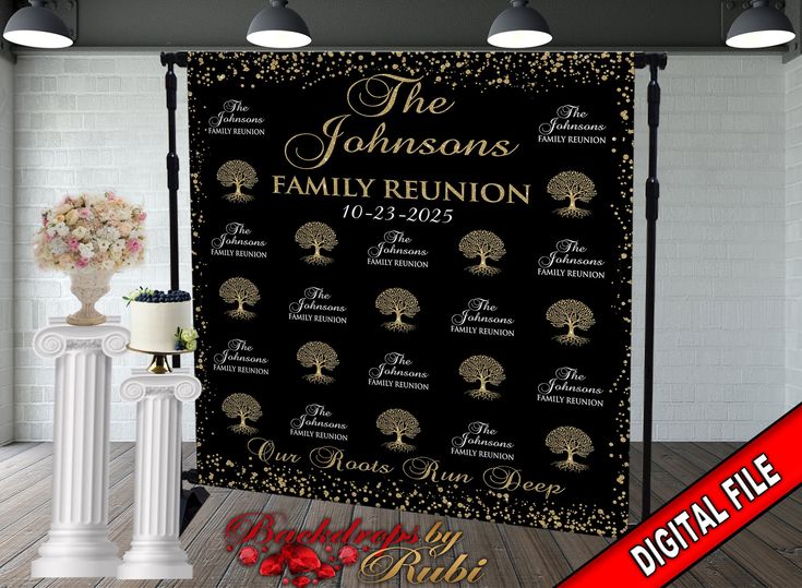 the personalized family reunion banner is displayed in front of a white pillar with flowers