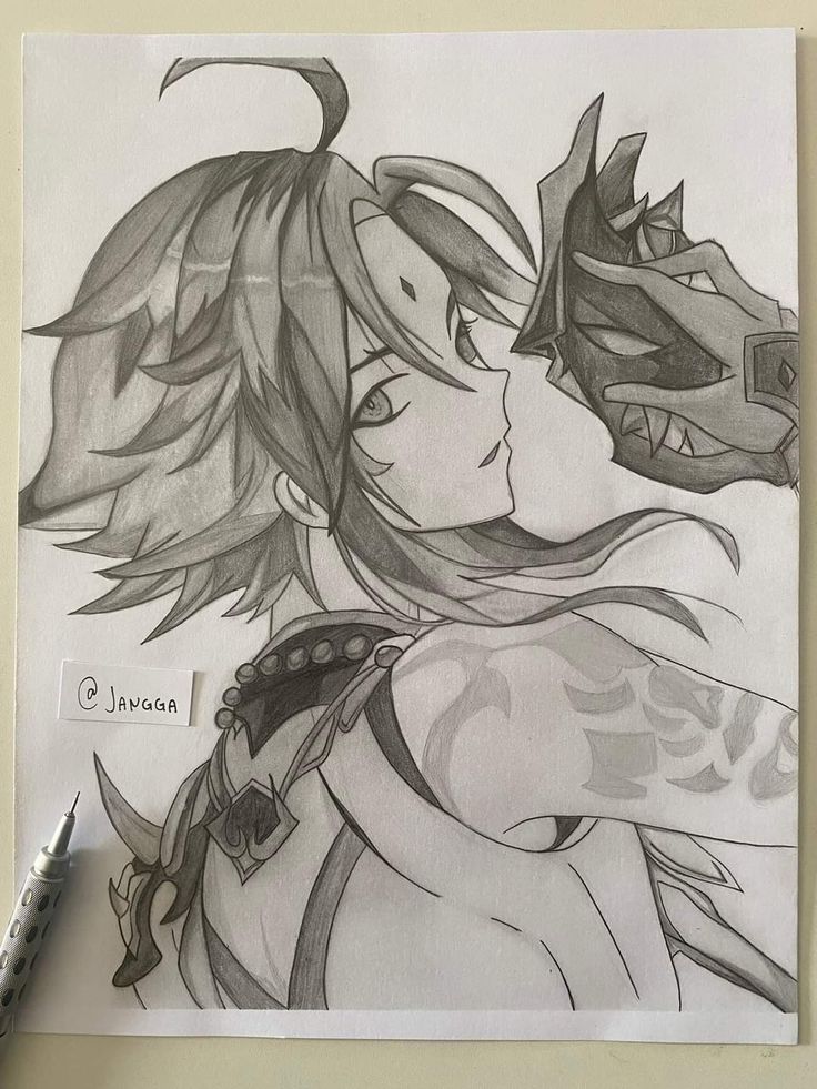 a drawing of a girl and a dragon