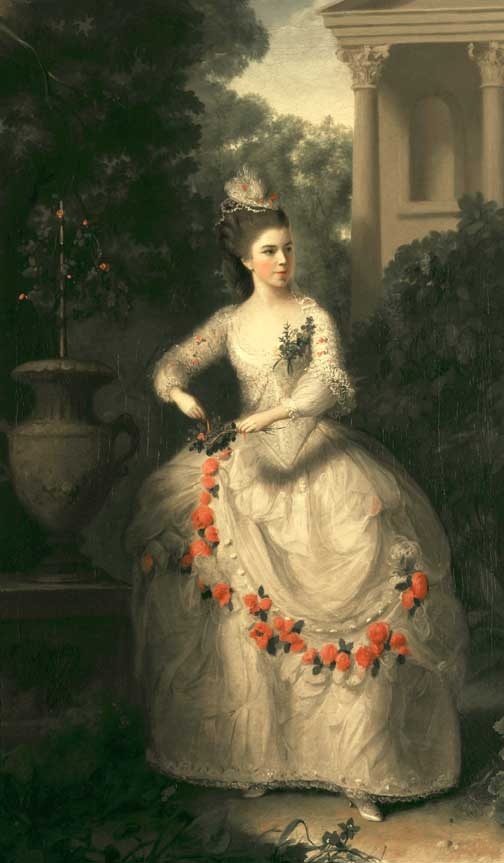 a painting of a woman in a white dress with flowers around her neck and hands on her hips