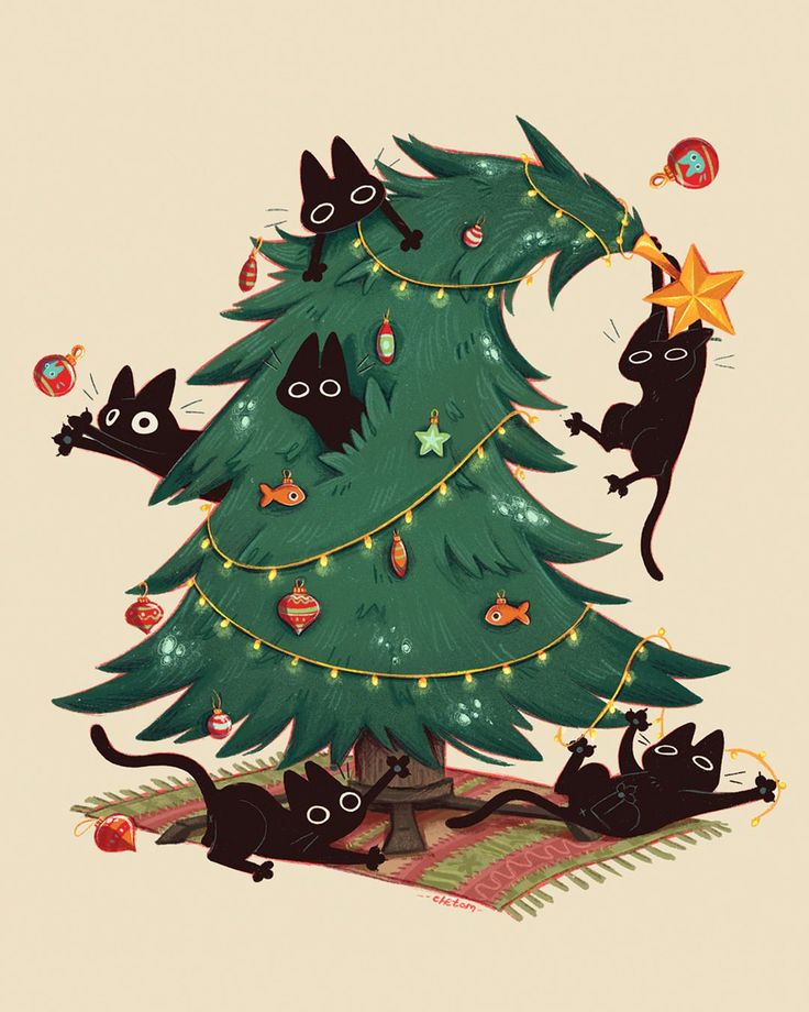 cute cat christmas tree postcard card funny mess adorable digital illustration festive card postcard design by chetom Sony Cat, Cute Christmas Wallpaper, Christmas Card Art, 카드 디자인, Christmas Drawing, Dessin Adorable, Christmas Illustration, Cat Wallpaper, Cat Illustration