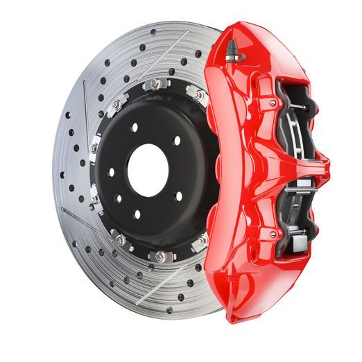 the front brake and disc of a red sports car on a white background - stock photo