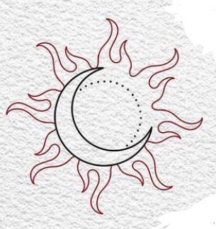 a drawing of the sun and moon on a piece of white paper with red ink