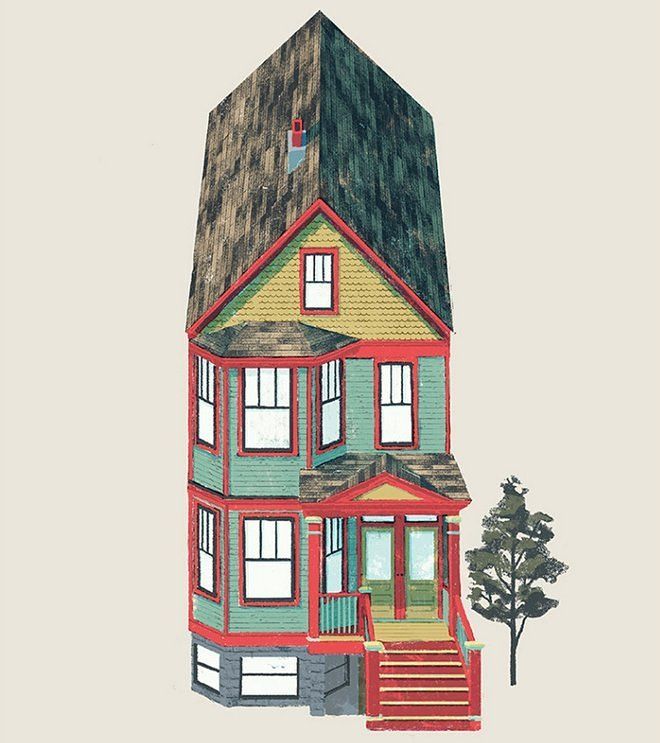 a drawing of a red and green house