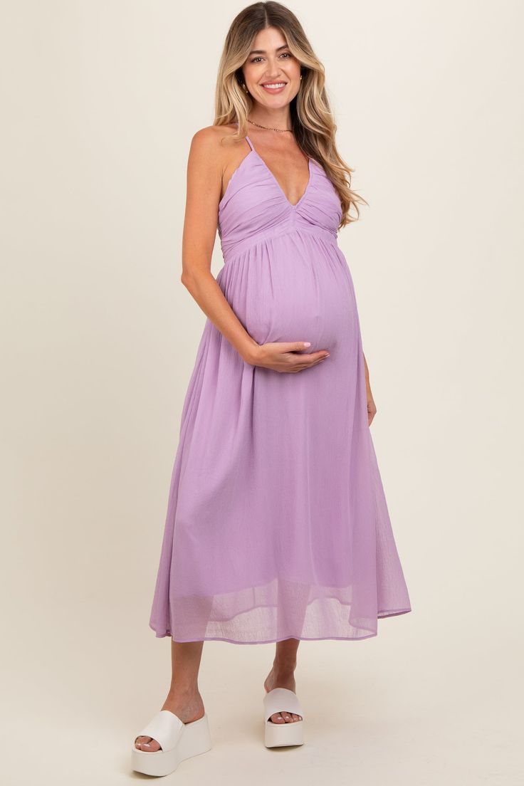 Lavender Ruched V-Neck Maternity Midi Dress – PinkBlush Purple Maternity Dress, Baby Shower Purple, Maternity Midi Dress, Baby Shower Dresses, Maternity Dress, Event Dresses, Maternity Dresses, Maternity Clothes, Over 50