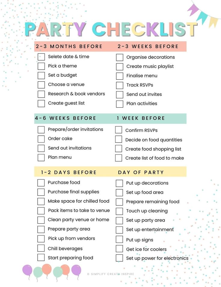 a party checklist with balloons and confetti