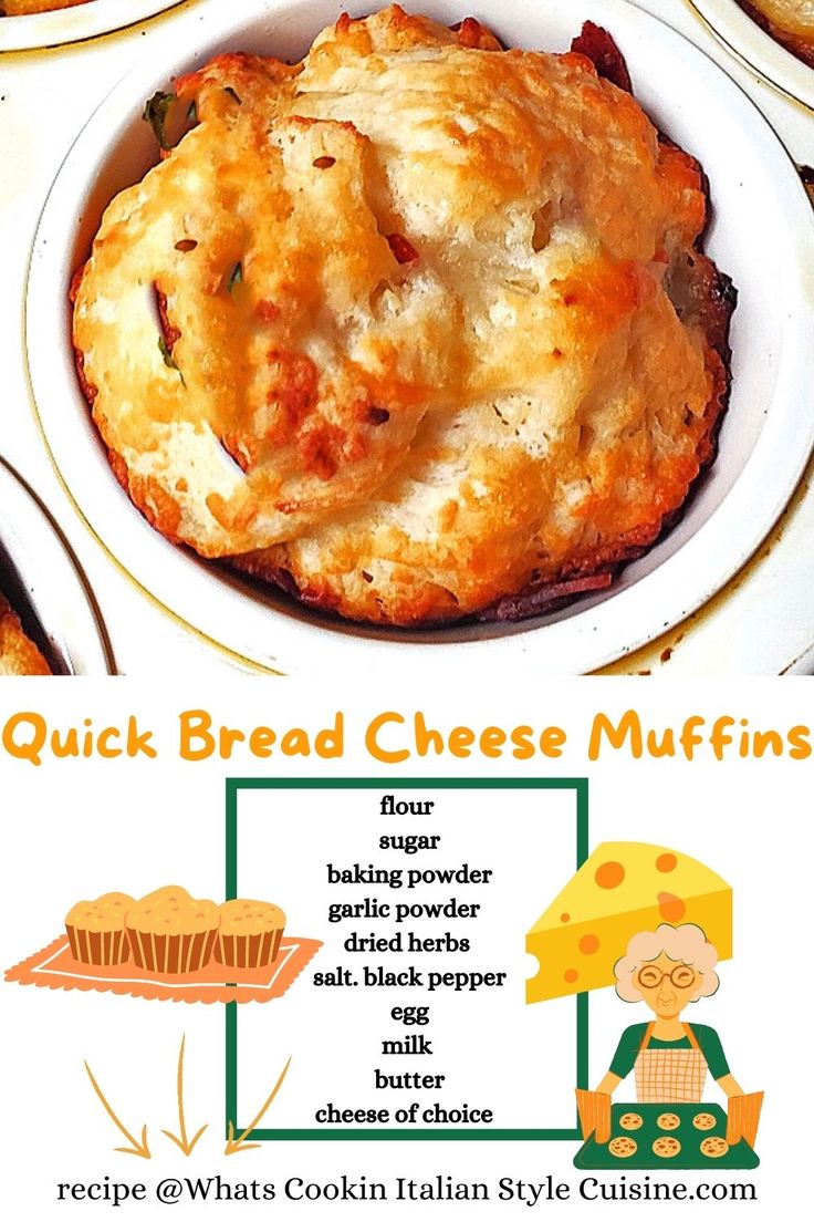 an advertisement for bread and cheese muffins on a table with other food items