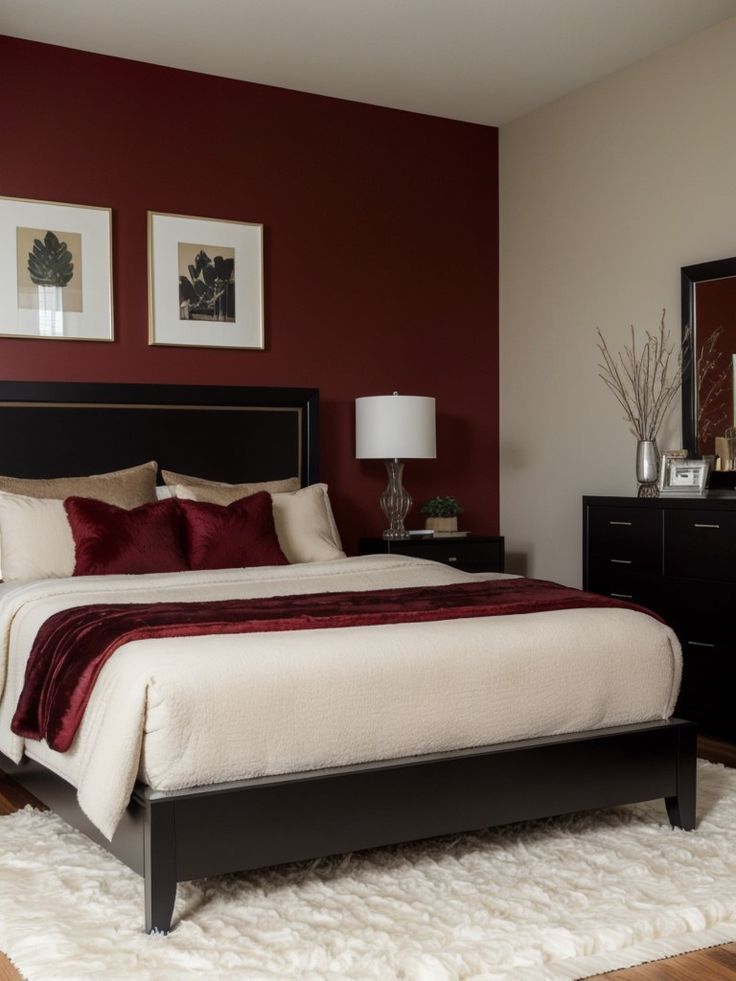 a bedroom with red walls and white carpet