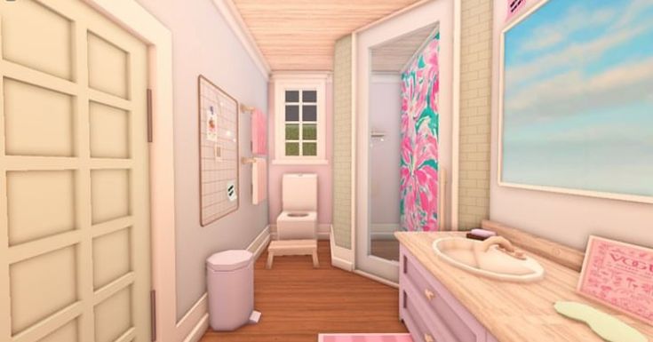 Bloxburg bathroom idea, coastal/preppy Preppy Bloxburg House Interior, Preppy Kitchen Bloxburg, Preppy Bloxburg Bathroom, Preppy Room Bloxburg, Cute Bloxburg Bathrooms, Bloxburg Preppy Bedroom, Preppy Bloxburg Bedroom, Preppy Bloxburg House, House Preppy