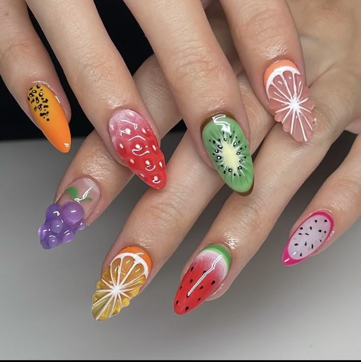 Nail Fruit Designs, Peach Fruit Nails, Summer Theme Nails, Dragonfruit Nails, Lime Nails Design, Fruit Themed Nails, Dragon Fruit Nails, Cute Fruit Nails, Orange Fruit Nails