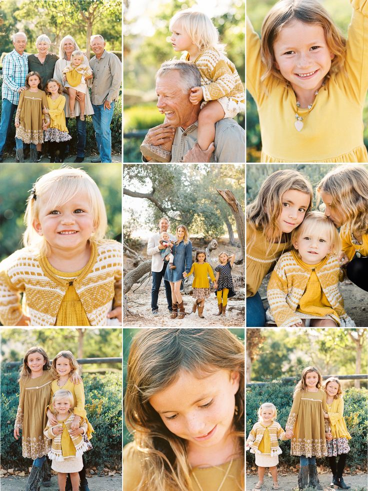 a collage of family photos taken in the park with their children and grandparents, all wearing yellow