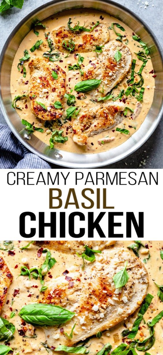 creamy parmesan basil chicken in a skillet