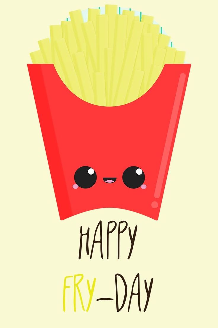 a red box filled with fries sitting on top of a white table next to a sign that says happy fry - day