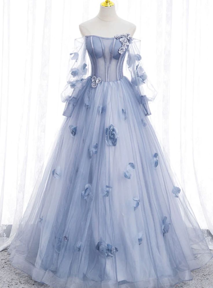 Blue Tulle Long Sleeve Flower Prom Dress Blue Tulle Prom Dress, Gaun Abad Pertengahan, Blue Wedding Dress, Gorgeous Birthday, Gaun Fashion, Junior Prom Dresses, Long Sleeve Prom, Long Sleeve Dress Formal, Blue Tulle