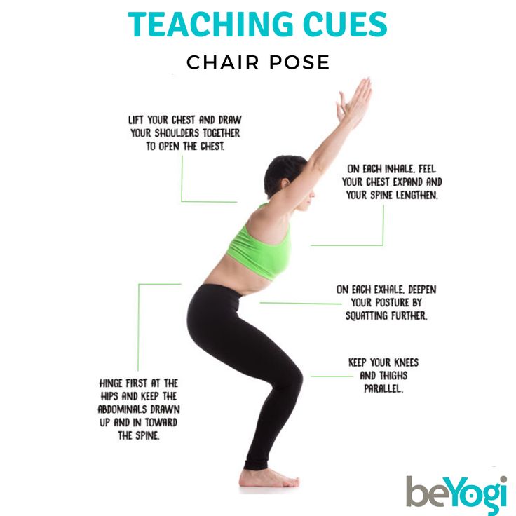 a woman doing yoga poses with the words teaching cues chair pose on her chest and arms