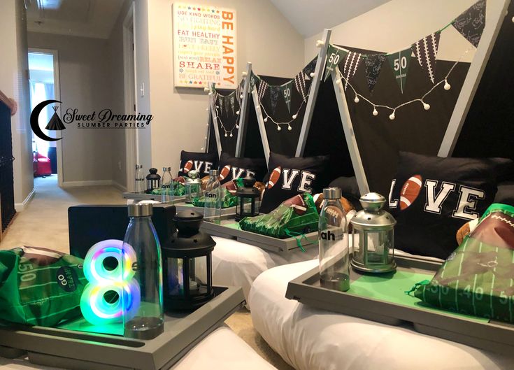 a room filled with lots of green and white decorations