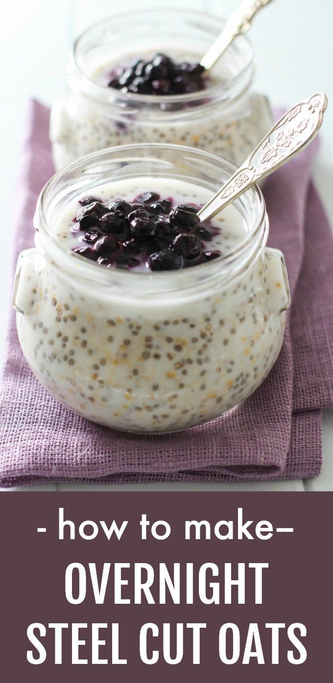 overnight steel cut oats with blueberries and chia seeds in small glass jars