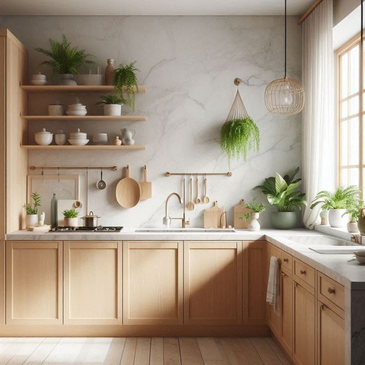 a kitchen filled with lots of wooden cabinets and counter top space next to a window