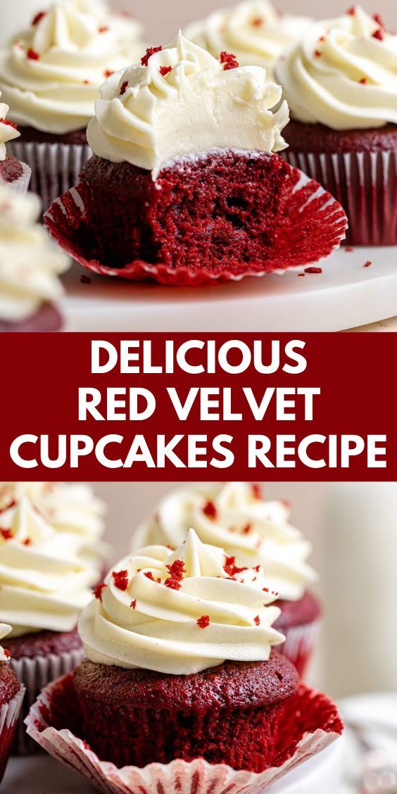 red velvet cupcakes with white frosting and sprinkles on top