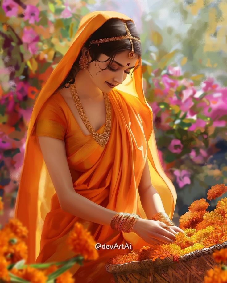 a painting of a woman in an orange sari and yellow shawl picking flowers from a basket