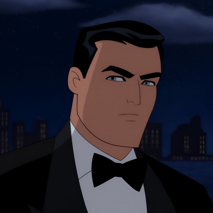 an animated man in a tuxedo looking at the camera with city lights behind him